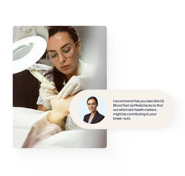 A beautician conducting a procedure; a pop up message from the same beautician to their client, recommending to take Skin IQ Blood Test.
