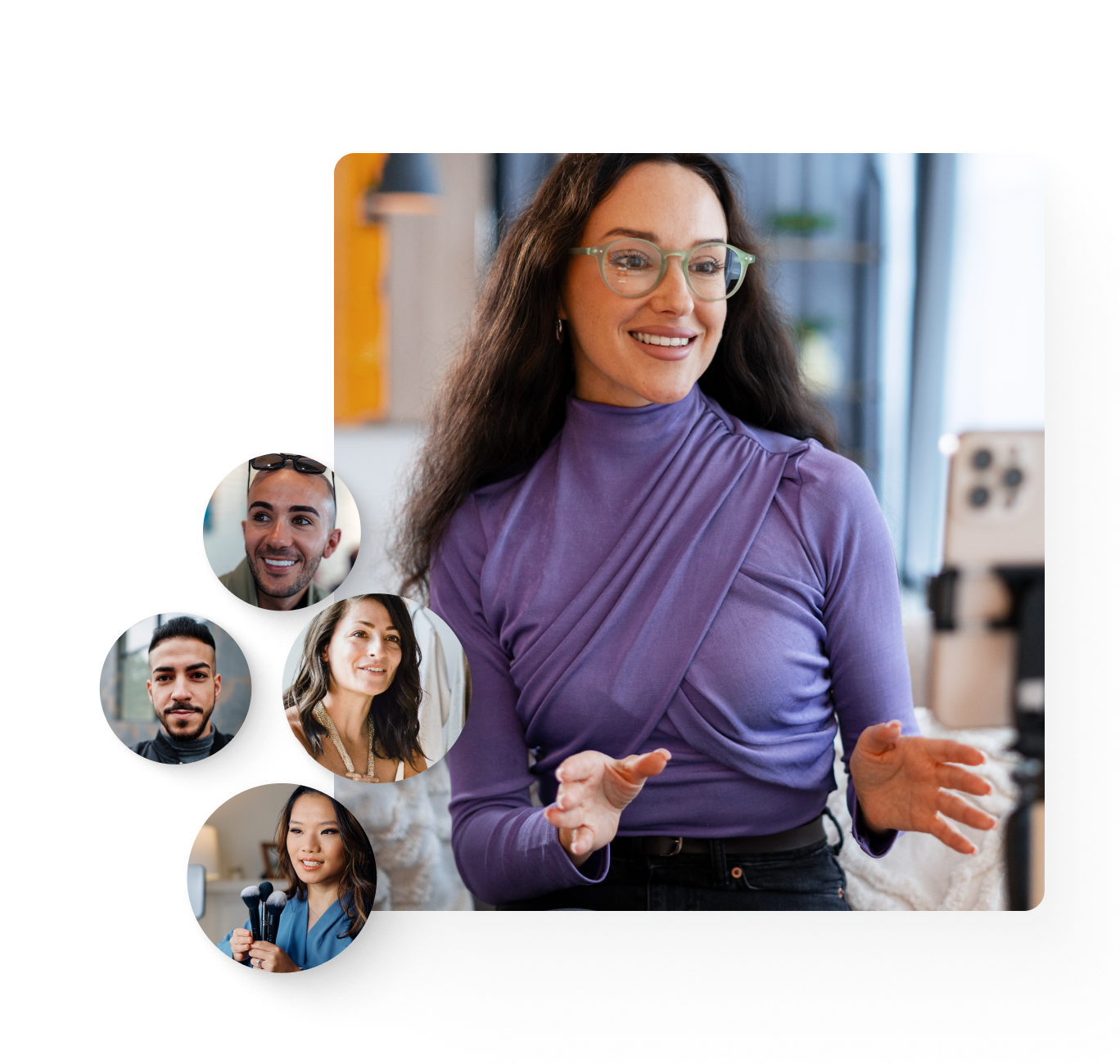 A female influencer is recording content on her smartphone. Pop up images of other influencers in the community.