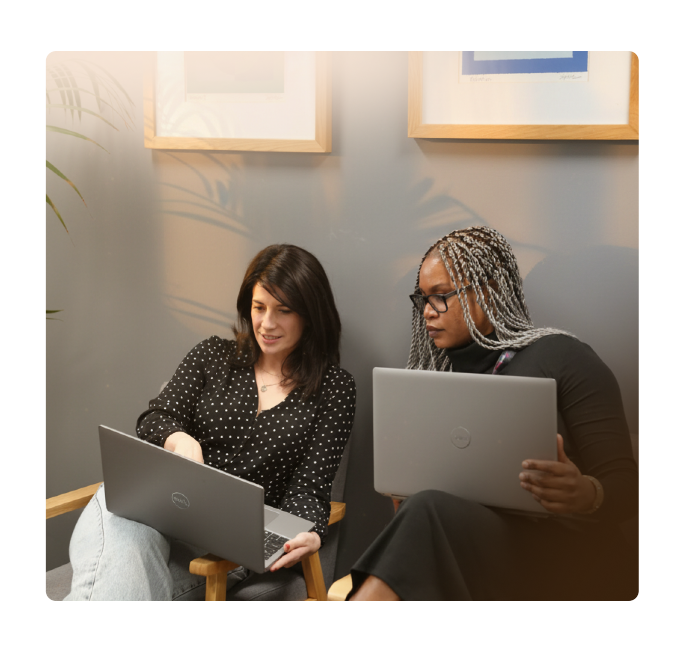 Two professional women are discussing a work matter in an office, looking at each other's laptops.
