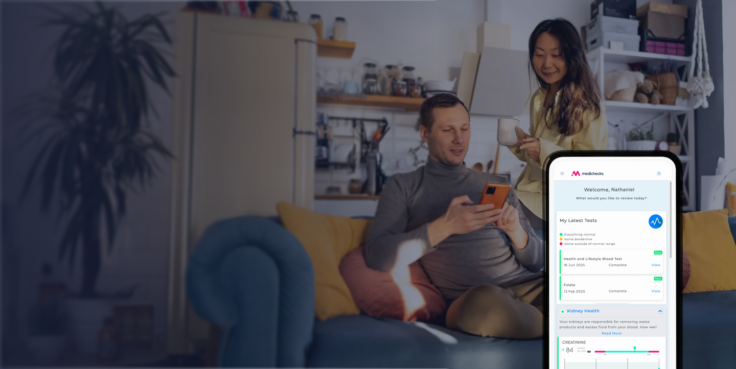 Man and woman looking at their test results online, using a smartphone; Medichecks test results online depicted on a smartphone screen