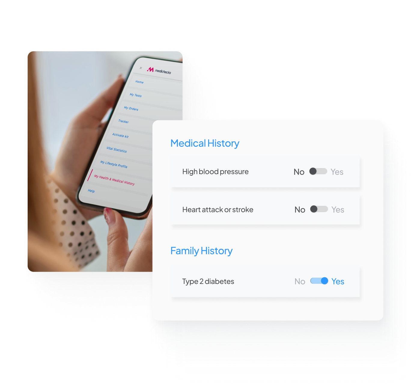A woman looking at her smartphone, which is depicting MyMedichecks platform navigation bar, directing the user to fill out their medical history. 