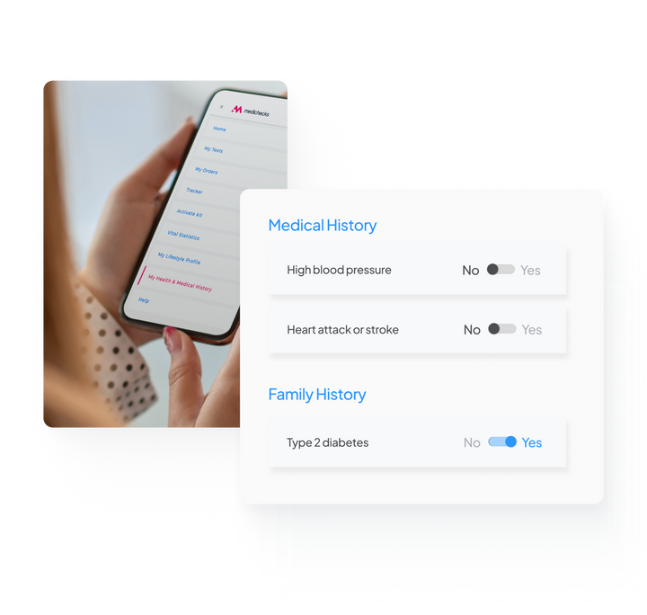 A woman looking at her smartphone, which is depicting MyMedichecks platform navigation bar, directing the user to fill out their medical history. 