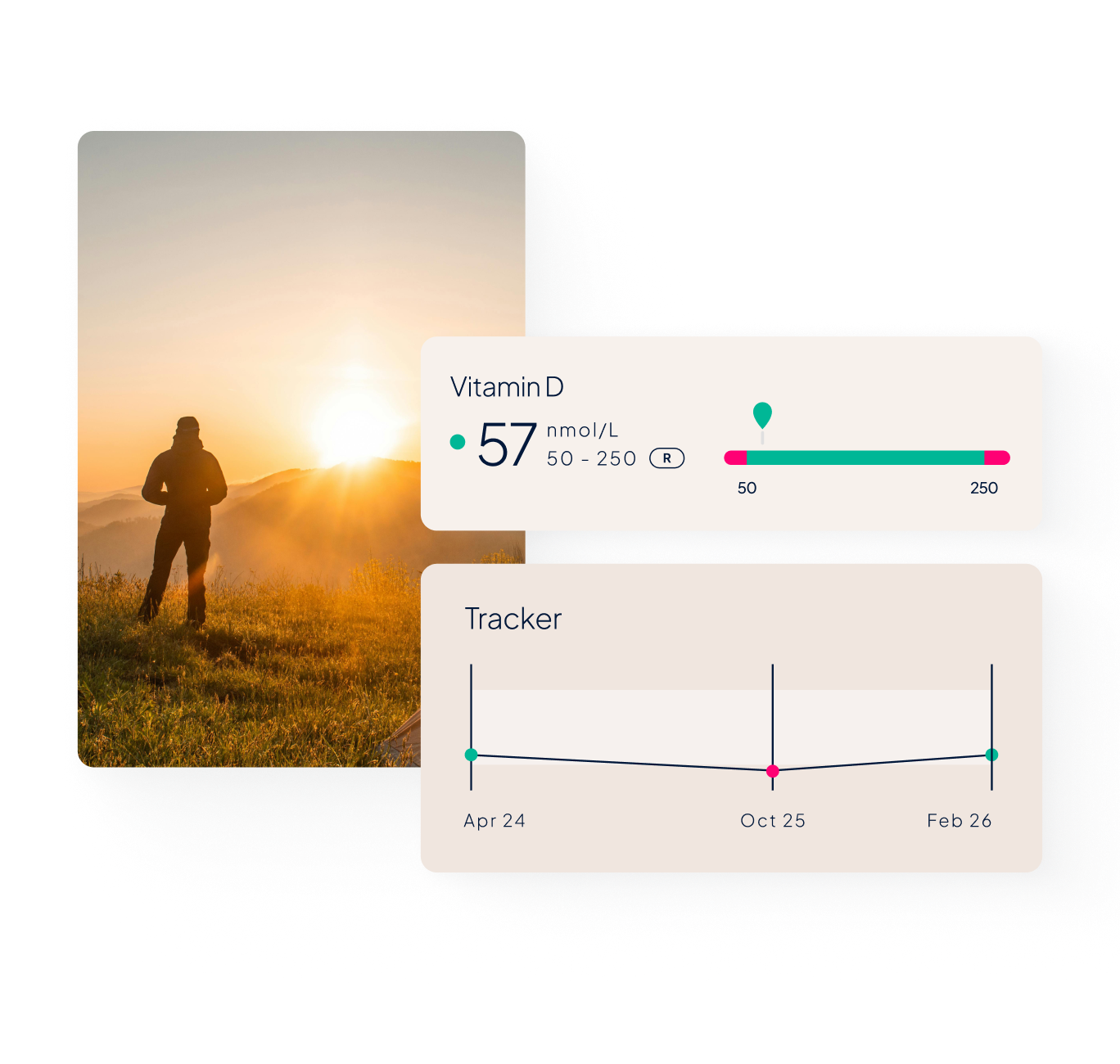 An image of a hiker standing on top of a grassy hill and looking into the sunrise; pop-up features depicting Vitamin D levels within MyMedichecks results platform.