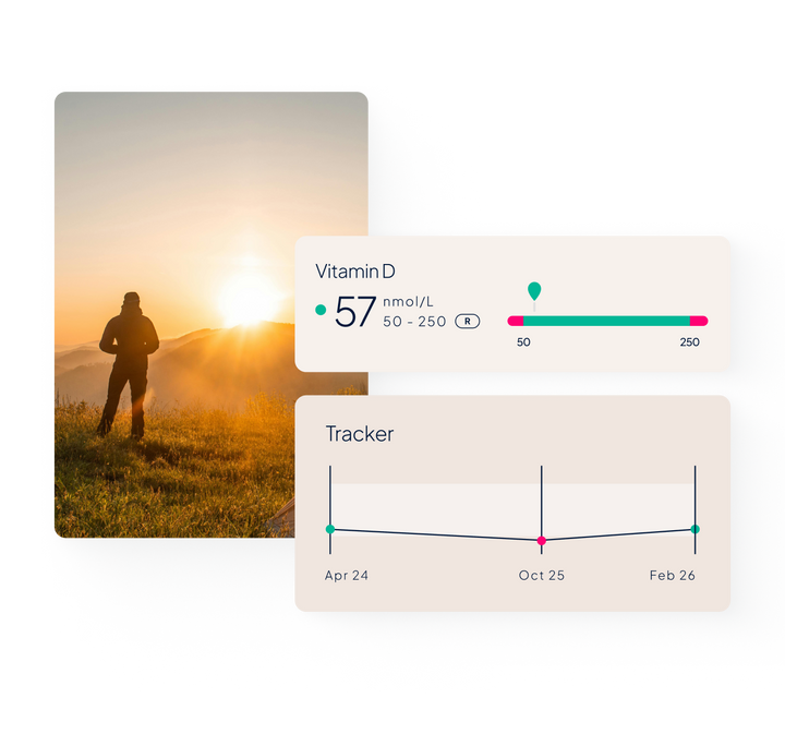 An image of a hiker standing on top of a grassy hill and looking into the sunrise; pop-up features depicting Vitamin D levels within MyMedichecks results platform.