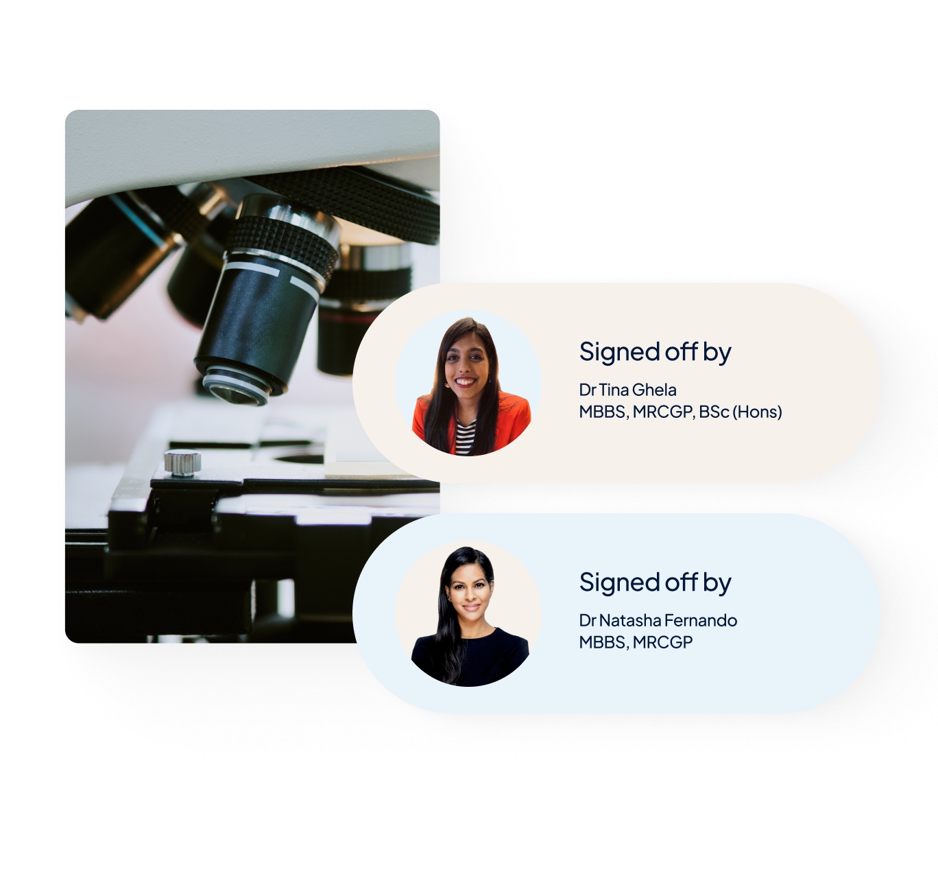 A close-up shot of a medical microscope. Pop up messages from two different doctors notifying of a clinical sign off.