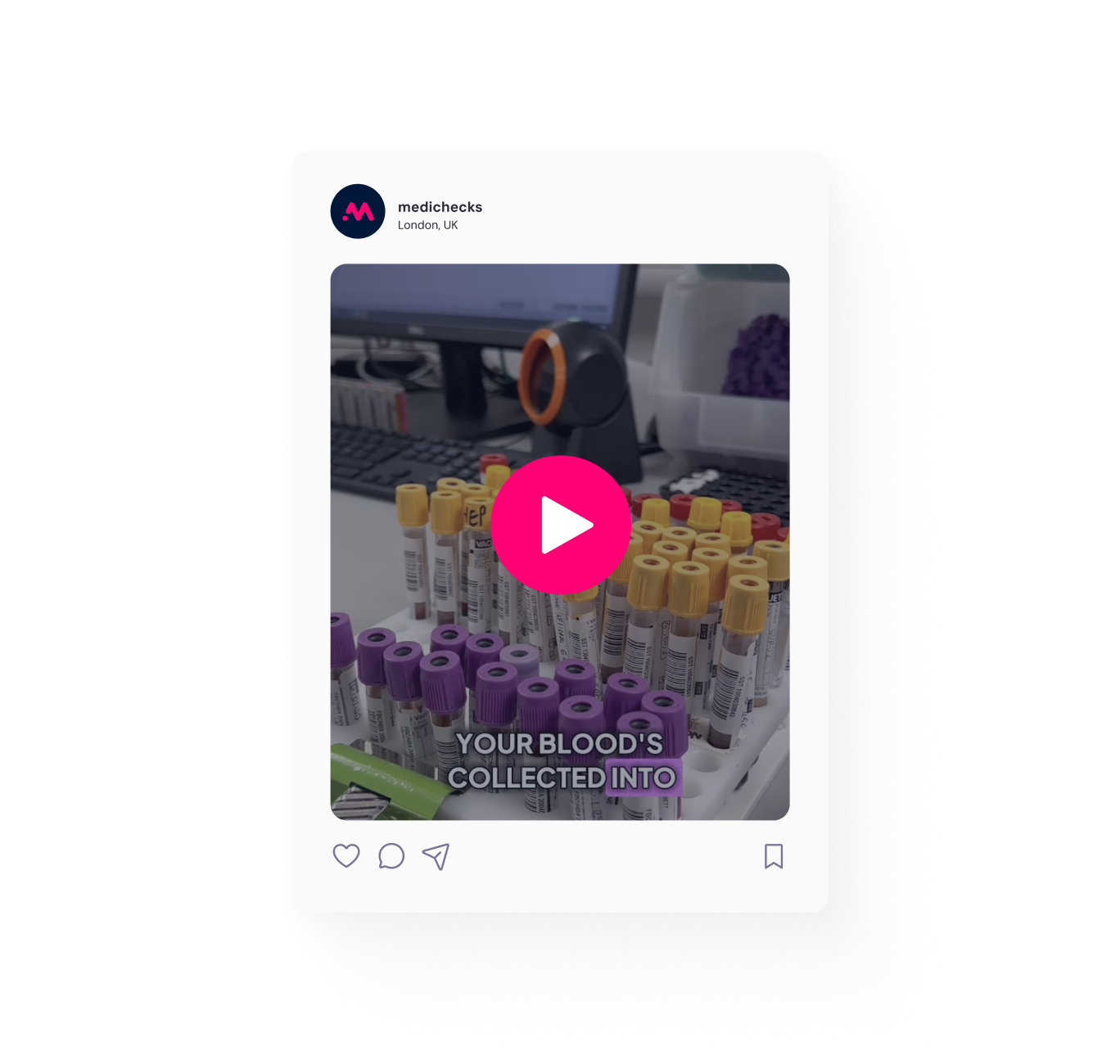 An image depicting Medichecks Instragram interface, featuring a video post about the lab processing.