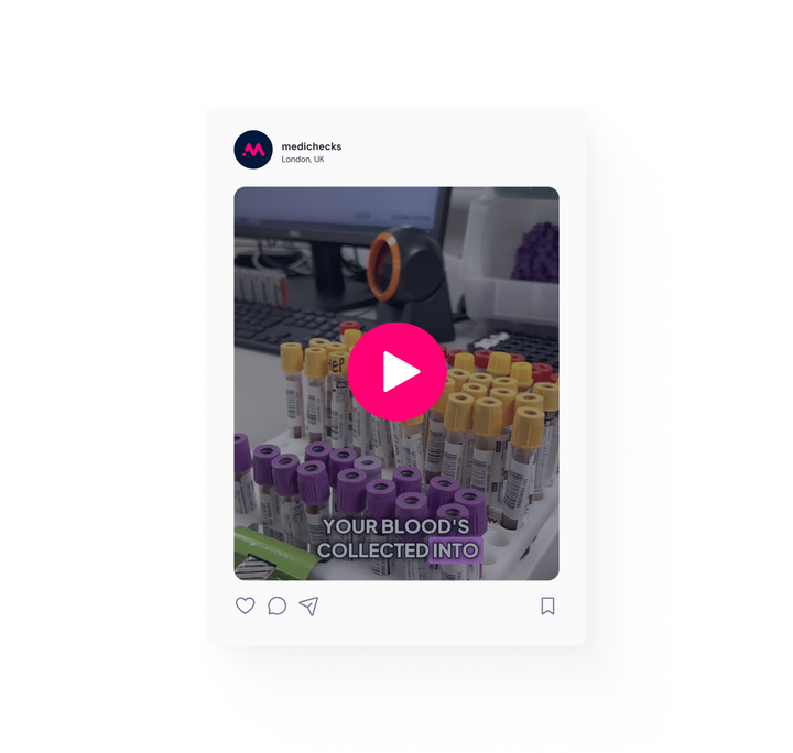 An image depicting Medichecks Instragram interface, featuring a video post about the lab processing.