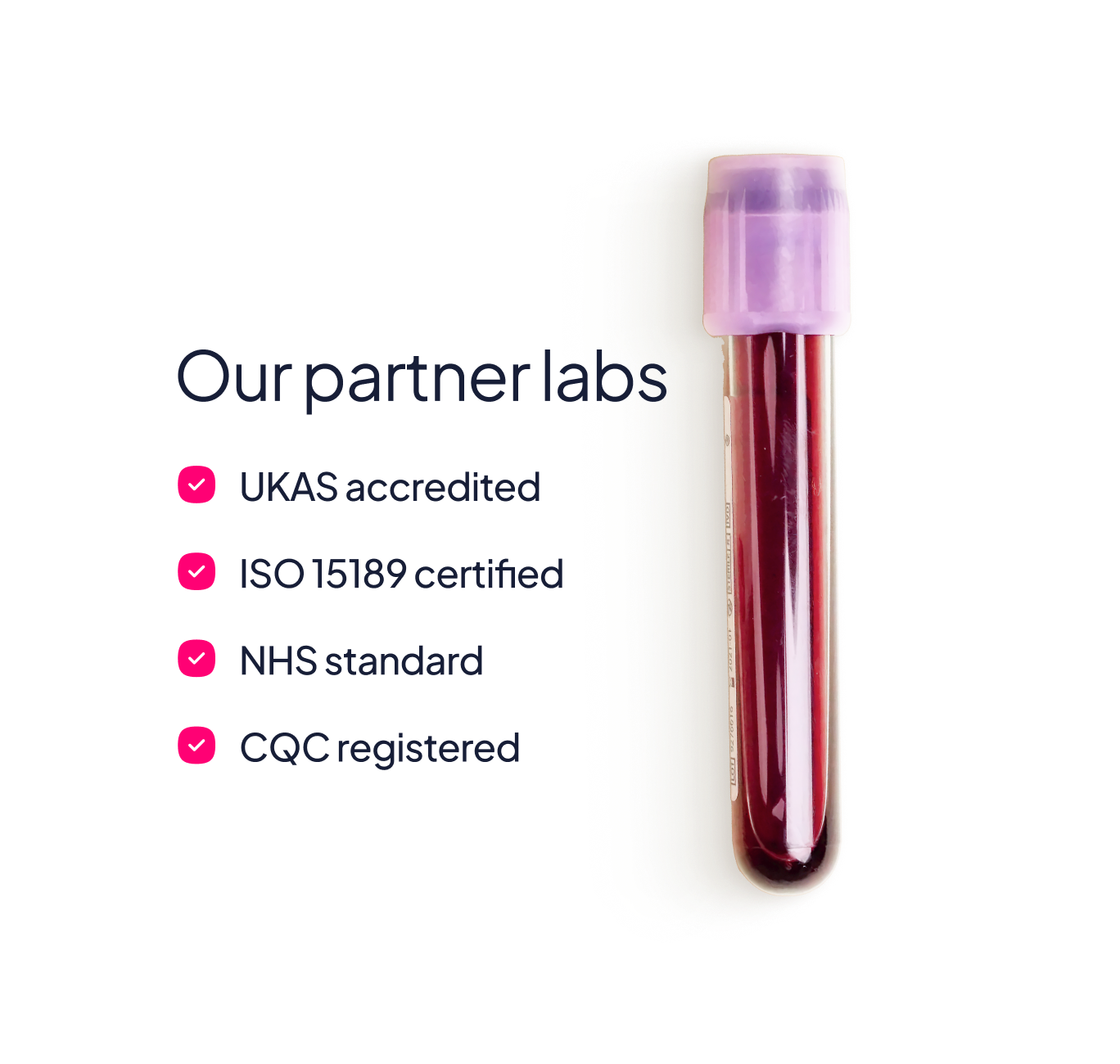 Our partner labs text stating the key points; an oversized blood sample tube next to it.