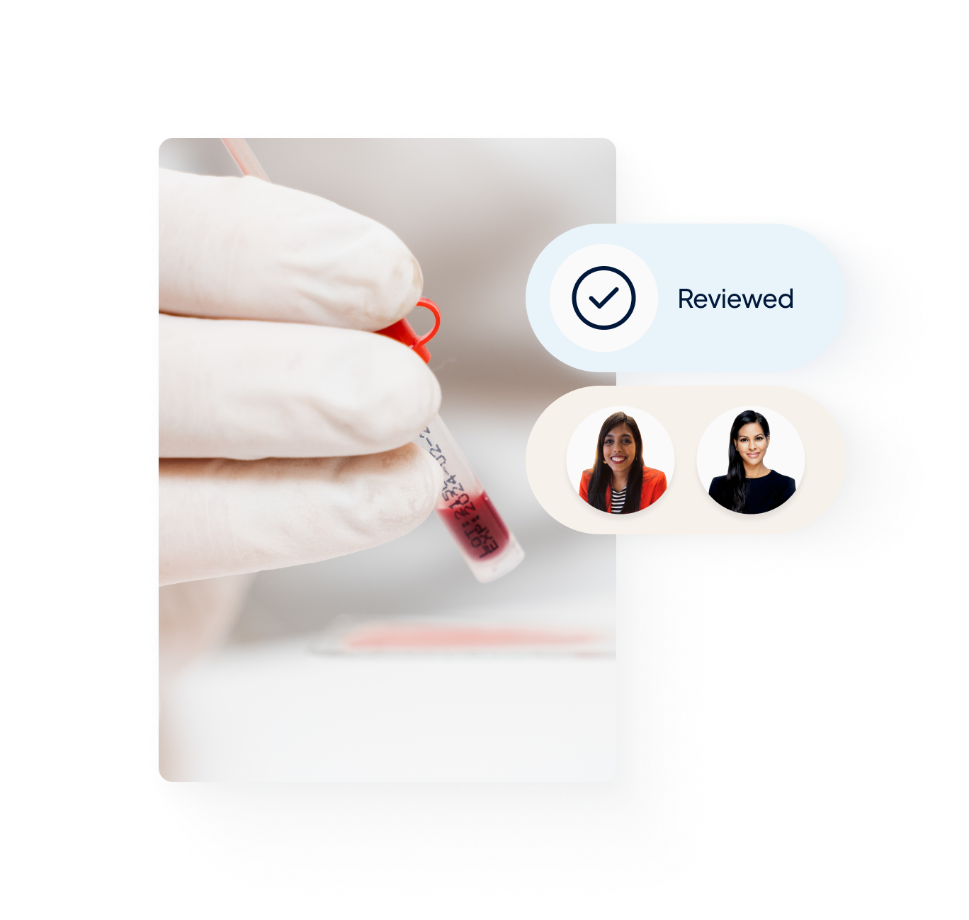 Hand in white glove is holding a small blood sample. Message pop up saying 'Reviewed' with a tick next to it. Two doctors' faces in a pop up underneath.