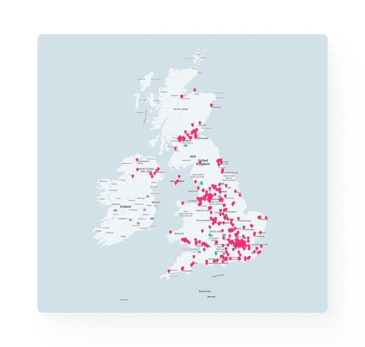 Map of the United Kingdom with red markers indicating locations.