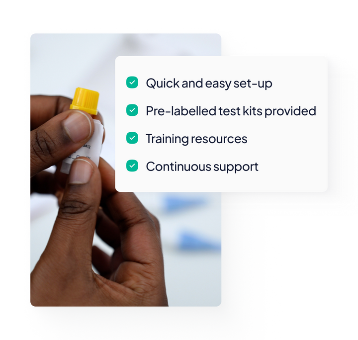 Hand holding a test kit with features listed on a white background. 1. Quick and easy set-up. 2. Pre-labelled test kits provided. 3. Training resources. 4. Continuous support