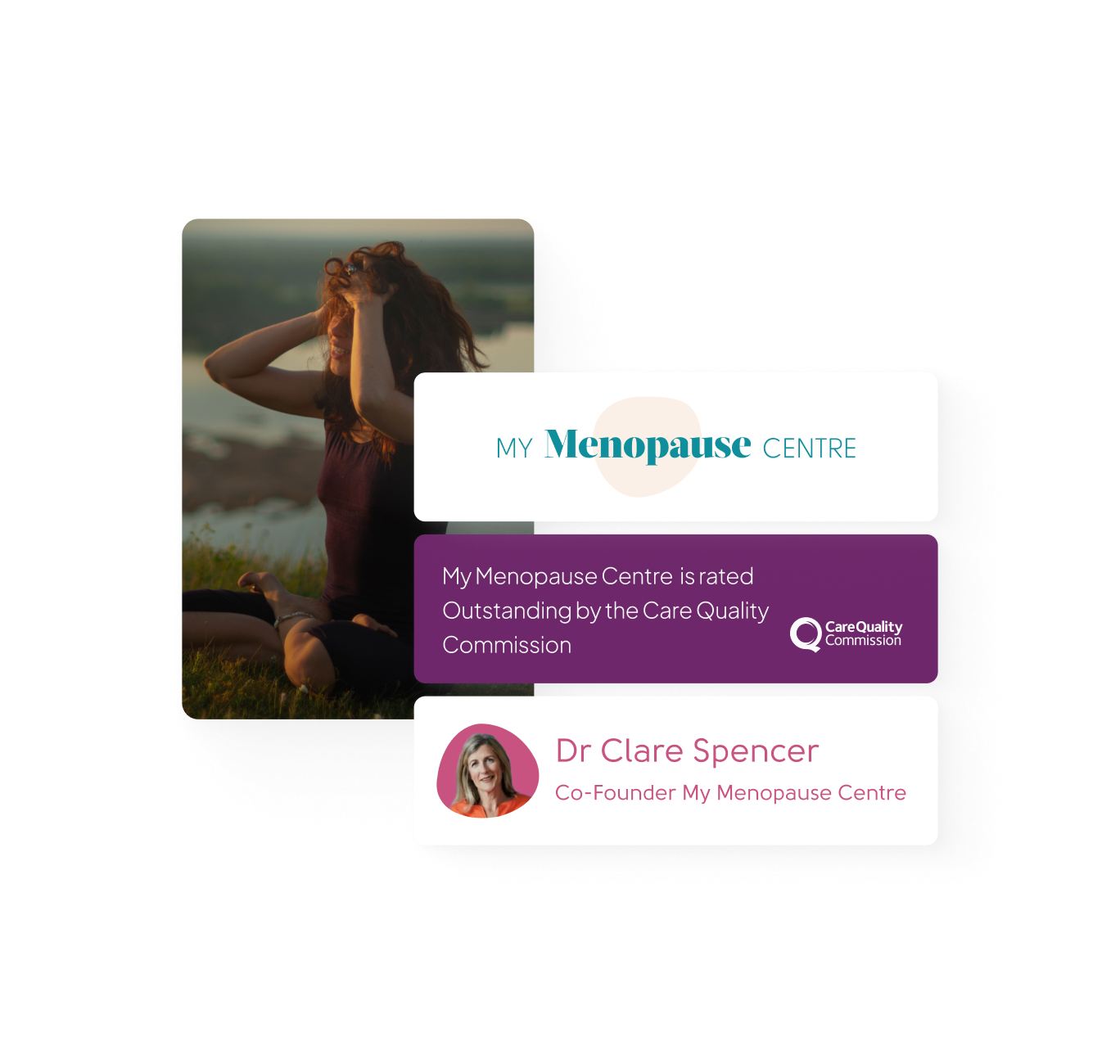 Image of woman holding her hair up looking calm and happy. Overlaid visuals of My Menopause Logo, outstanding CQC rating and example of a Doctor and her image. 