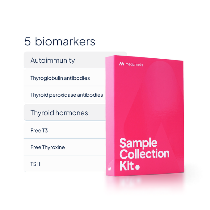 Thyroid Function with Antibodies Blood Test Sample Collection Kit. 5 biomarkers:
• Thyroglobulin antibodies
• Thyroid peroxidase antibodies
• Free T3
• Free Thyroxine
• TSH