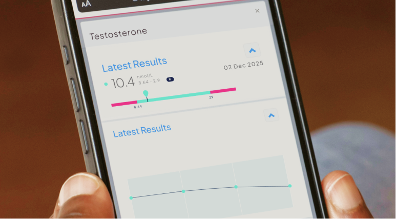 Image of person holding a phone showing a Medichecks results tracker for a normal range of Testosterone. 