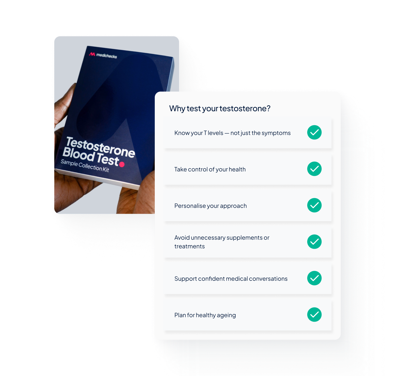 Hands holding a Medichecks Testosterone Blood Test kit with overlaid text highlighting why to test your testosterone. 