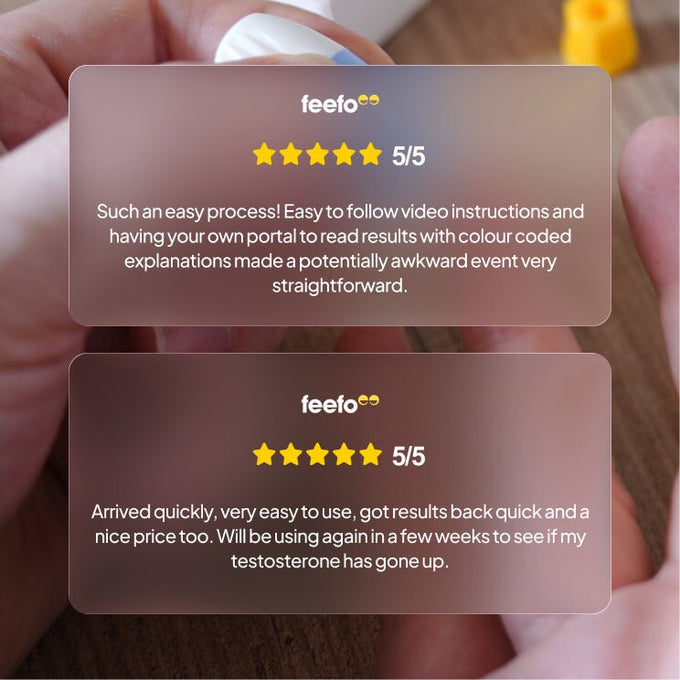 Customer review cards with five-star ratings over a blurred background of a person taking a finger prick sample.