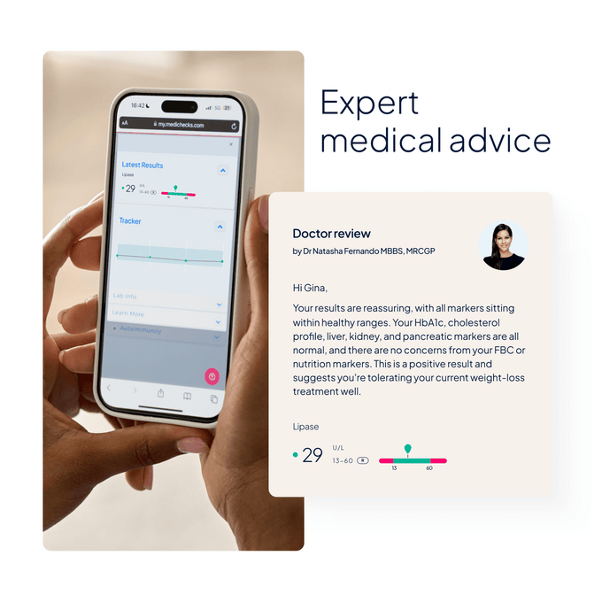 Lipase biomarker results and a doctor's comment explaining them.